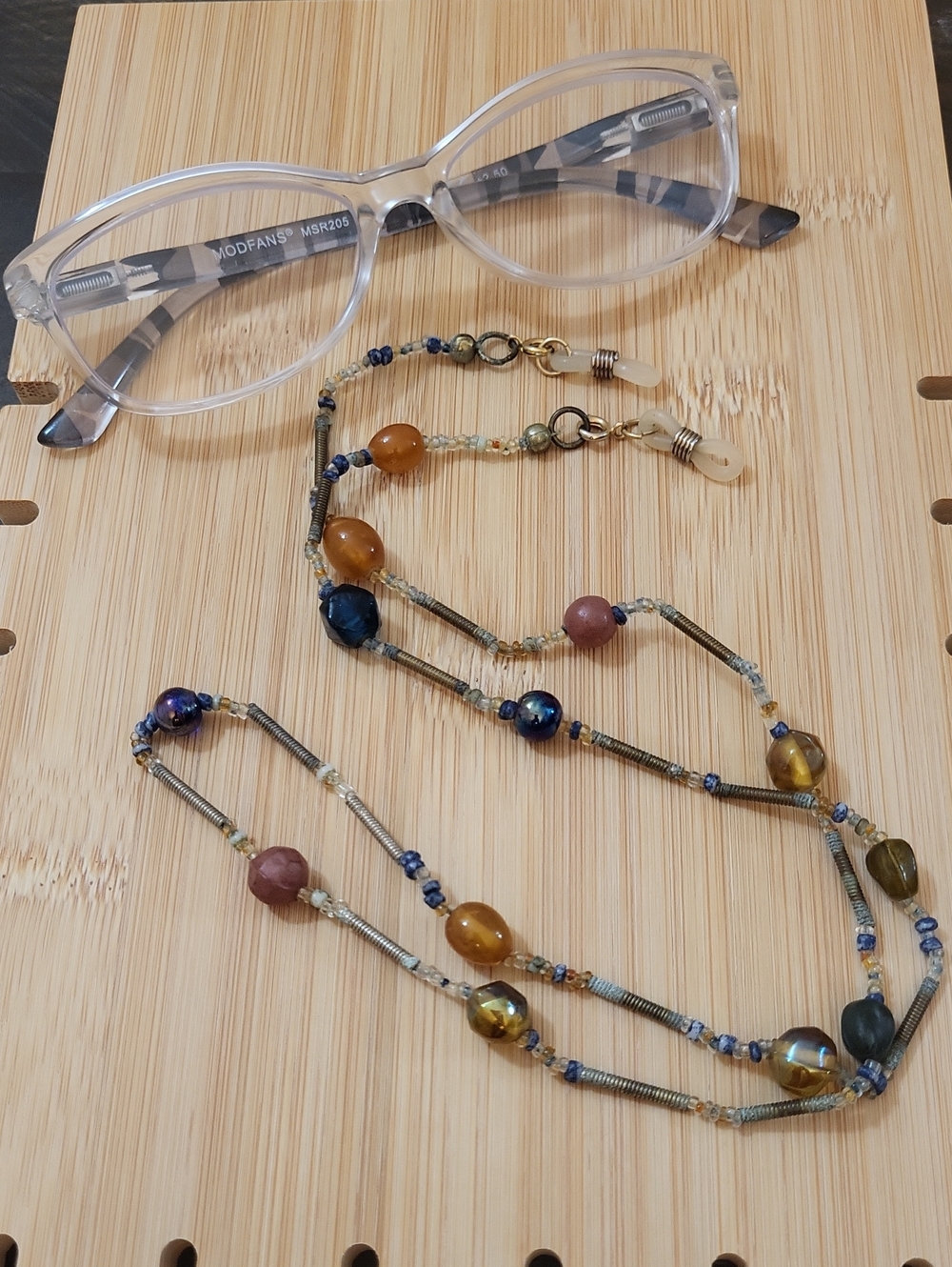 Vintage Eyeglass Chain with Multicolor Glass Stone & Seed Beads, Unbranded